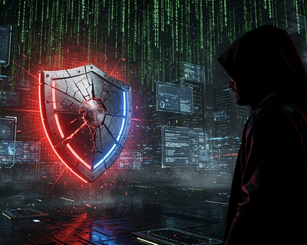Cybersecurity threats in 2026 illustrated by a digital shield protecting against hacker attacks.